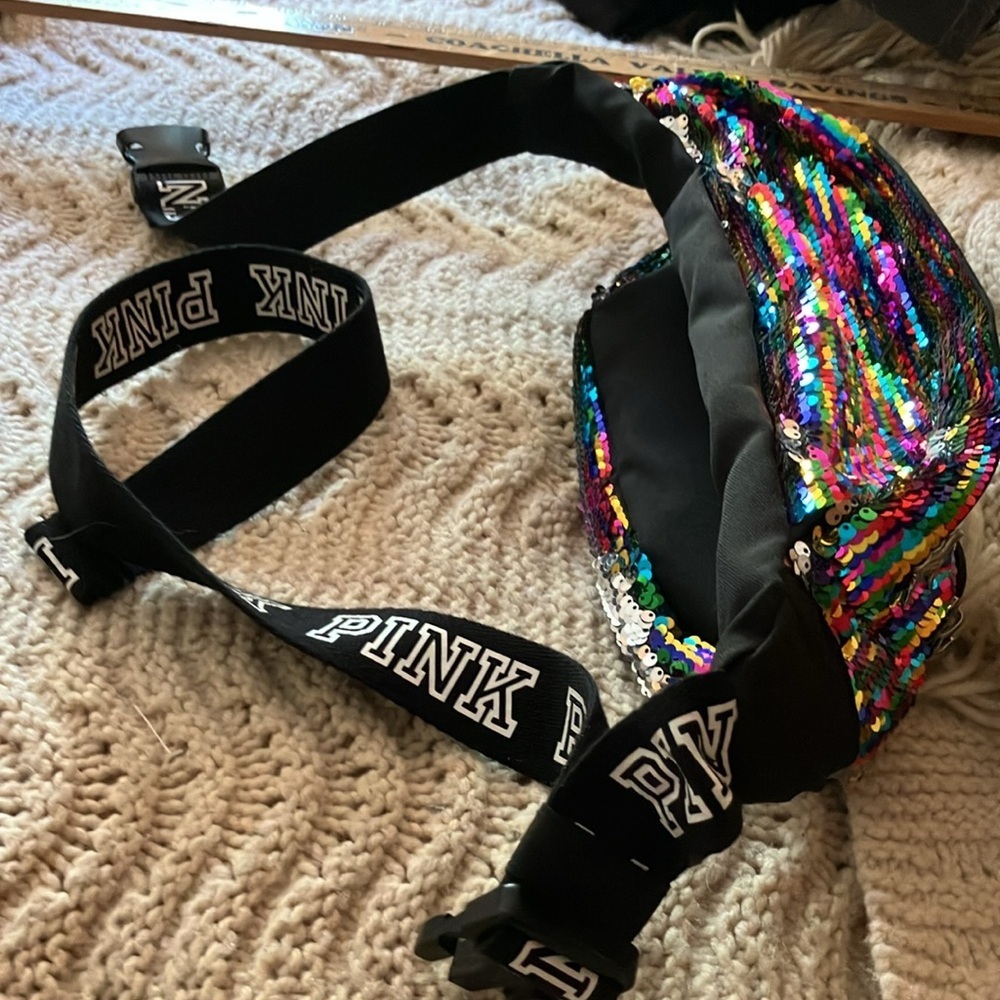 PINK Victoria's Secret rainbow sequins Fanny pack with dog charms - Picture 2 of 4